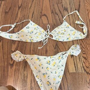Yellow Lemon Print Tie-Front Bikini Set